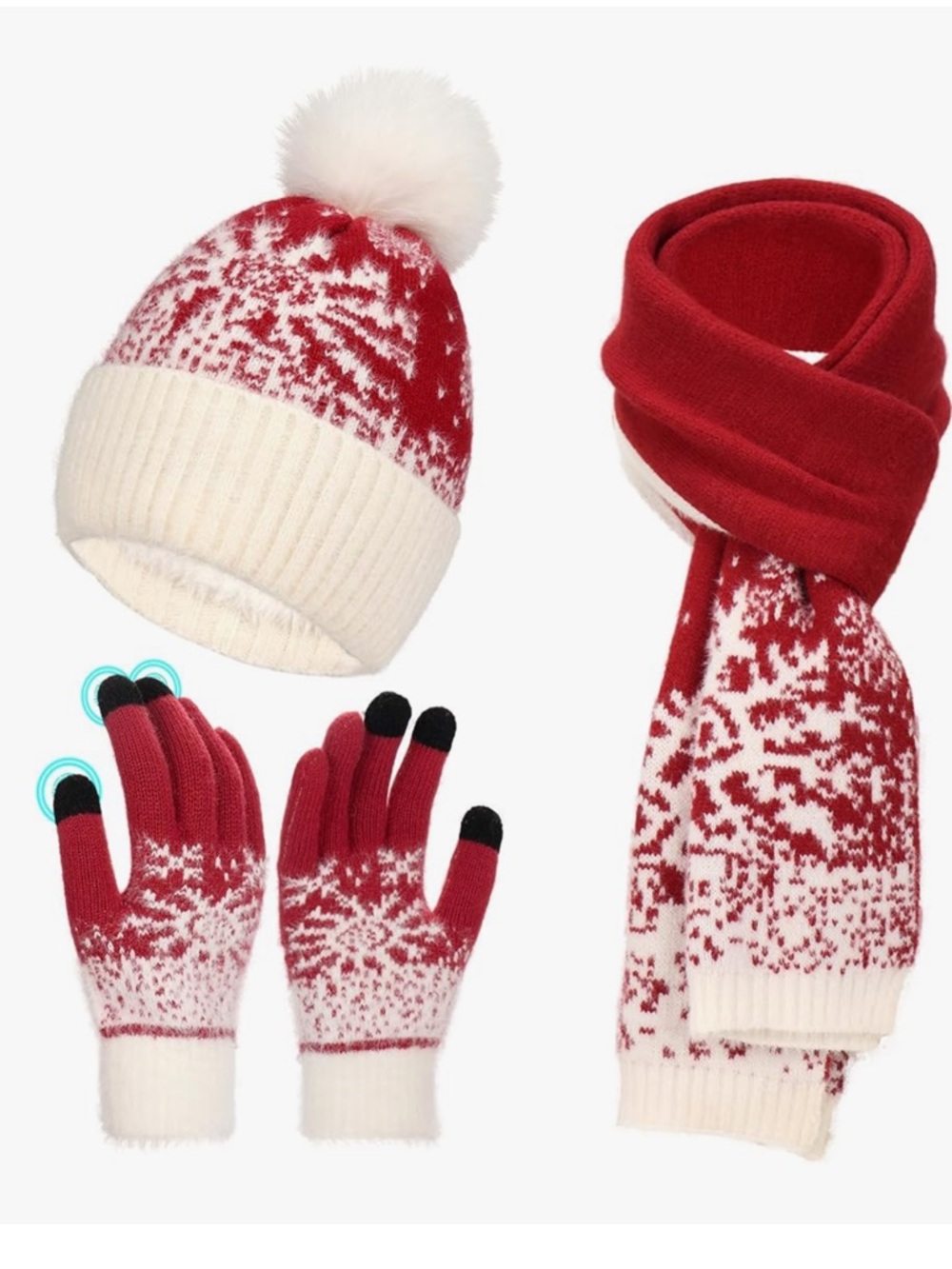 Cozy Red and White Knit Beanie, Scarf & Touchscreen Gloves Set